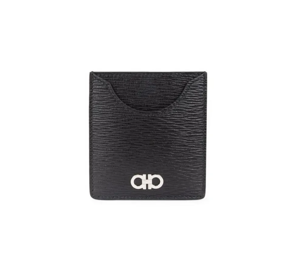 $395 NIB FERRAGAMO Black Two Tone Finish Revival Gancini Leather Card Case